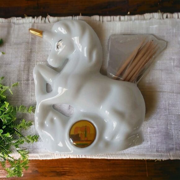 Vtg Atlanta GA Unicorn Toothpick Holder State Souvenir Ceramic Horse White Gold. - Picture 14 of 16